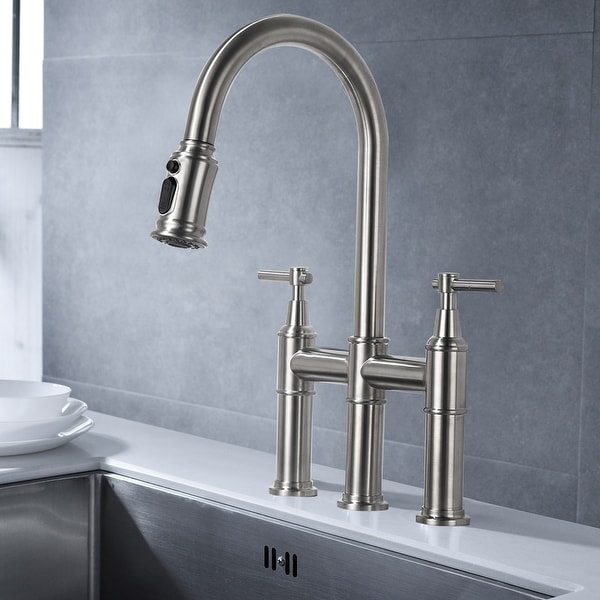 Transitional Bridge Kitchen Faucet w/Pull-Down Sprayer Brushed Nickel. Opens flyout.