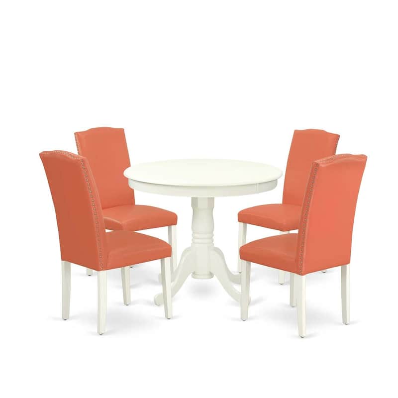Round Dining Set 5pc - 36" Table & 4 Chairs - Pink Flamingo Linen White - Modern Kitchen Set