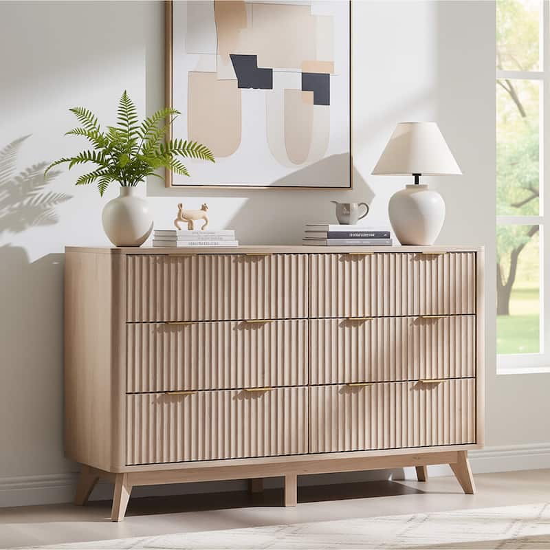 Modern Fluted 6 Drawers Dresser, Chest of Drawers, Dresser TV Stand - White Alder
