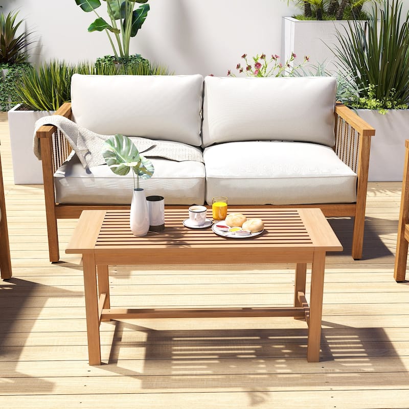 36-Inch Teak Wood Rectangular Coffee Table with Slatted Top and Natural Finish for Indoor or Outdoor Use - 36"L x 15.5"W x 18"H