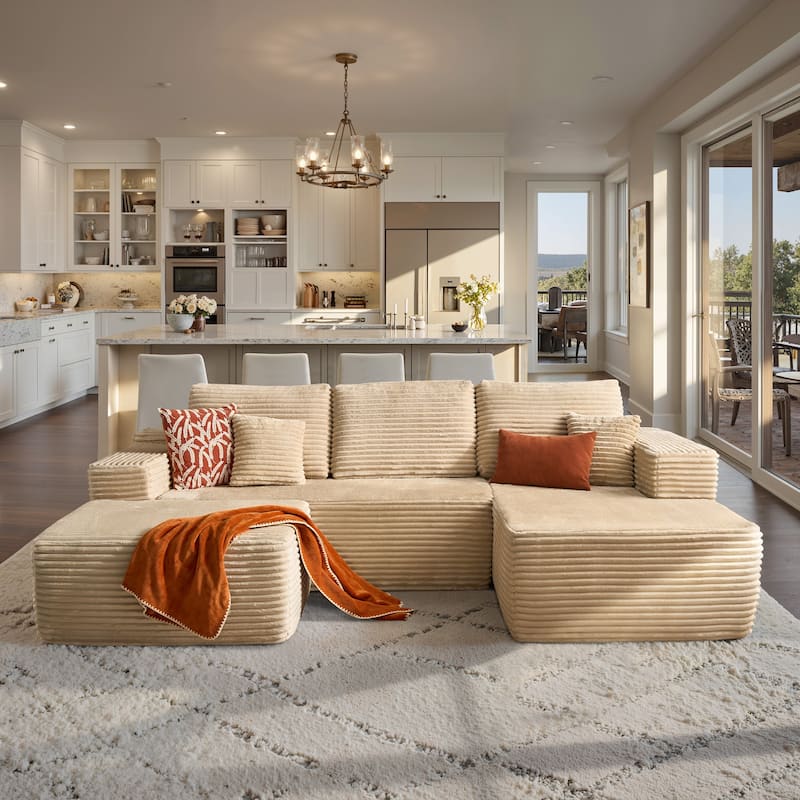 ​​OVIOS Lazy Chaise Lounge Sofa with Ottoman​ - RightPluah-Beige