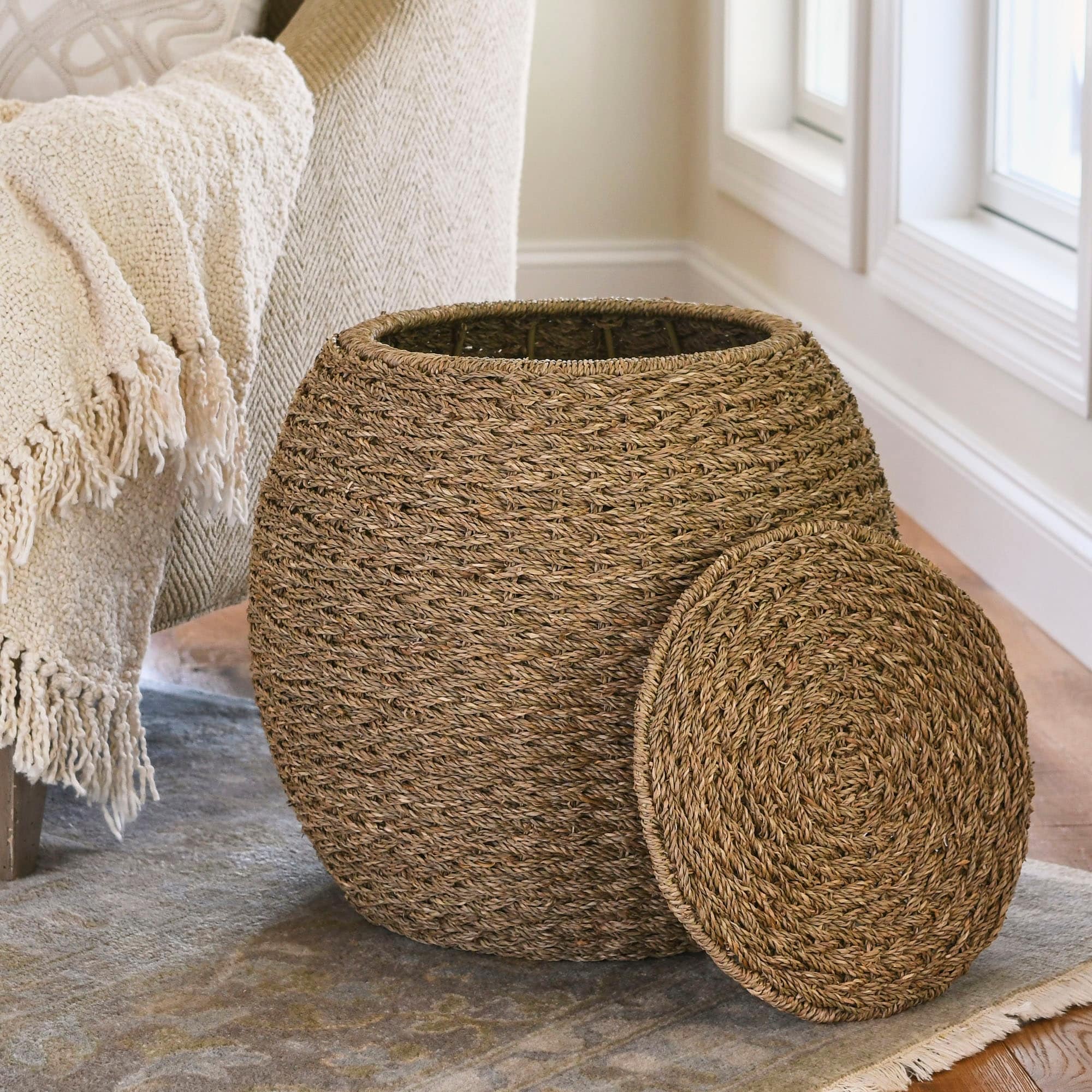 Handwoven Barrel Wicker Storage Basket Side Table - 17.0"L x 17.0"W x 19.0"H