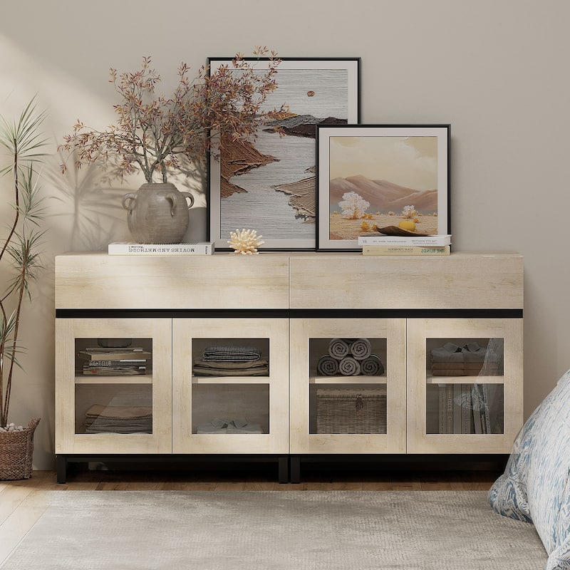 Modern Dresser With Glass Doors, Drawer, And Adjustable Shelf - Multifunctional Storage Cabinet For Living Room Or Bedroom