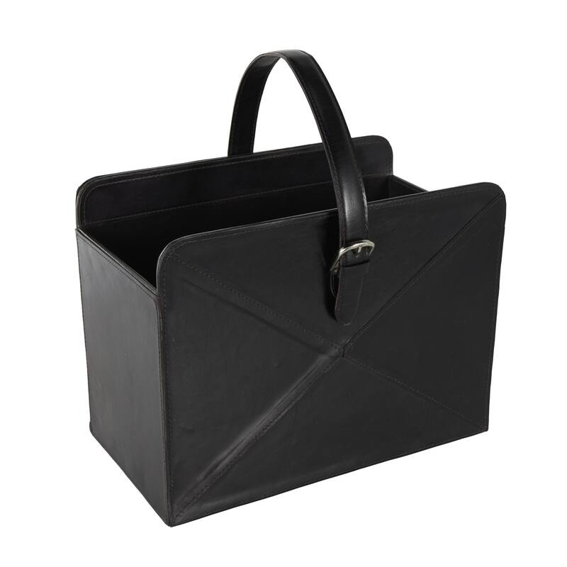Brown or Black Leather Handmade Box Style Single Slot Decorative Magazine Holder with Detail Stitching and Curved Buckle Handles