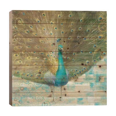 Teal Peacock on Gold Print On Wood by Danhui Nai - Multi-Color