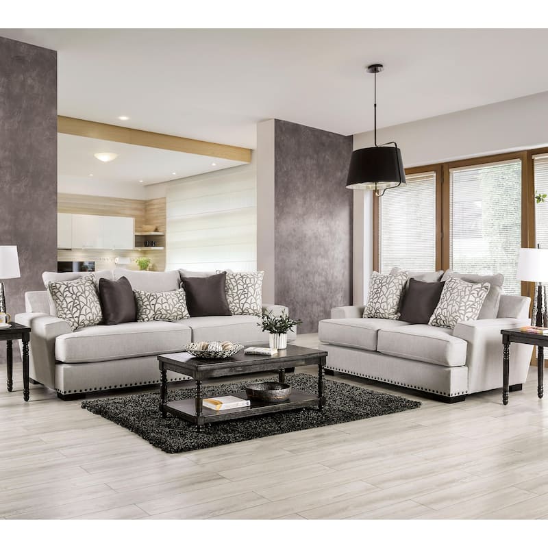 Bule Transitional Light Grey Fabric Nailhead 2-Piece Living Room Set by Furniture of America - Light Grey/Charcoal with Care Kit