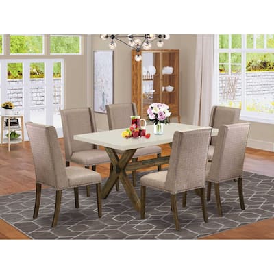 HomeStock 7-Pc Rectangle Natural Oak Finish Solid Wood Top Dining Table with 6-Chairs