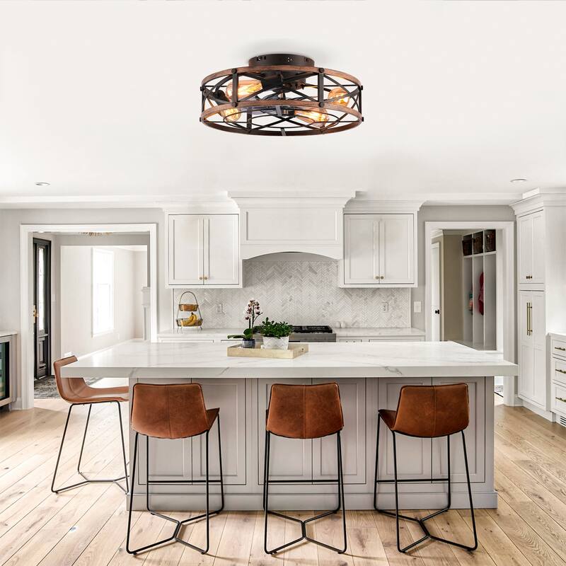 20 inch Flush Mount Ceiling Fan Light with Remote Caged Farmhouse Fandelier Black Wood Low Profile