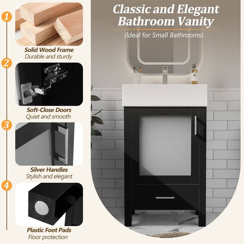 20'' Bathroom Vanity with Ceramic Sink Top, Modern Bathroom Storage Cabinet with 1 Drawer and 1 Soft Close Door