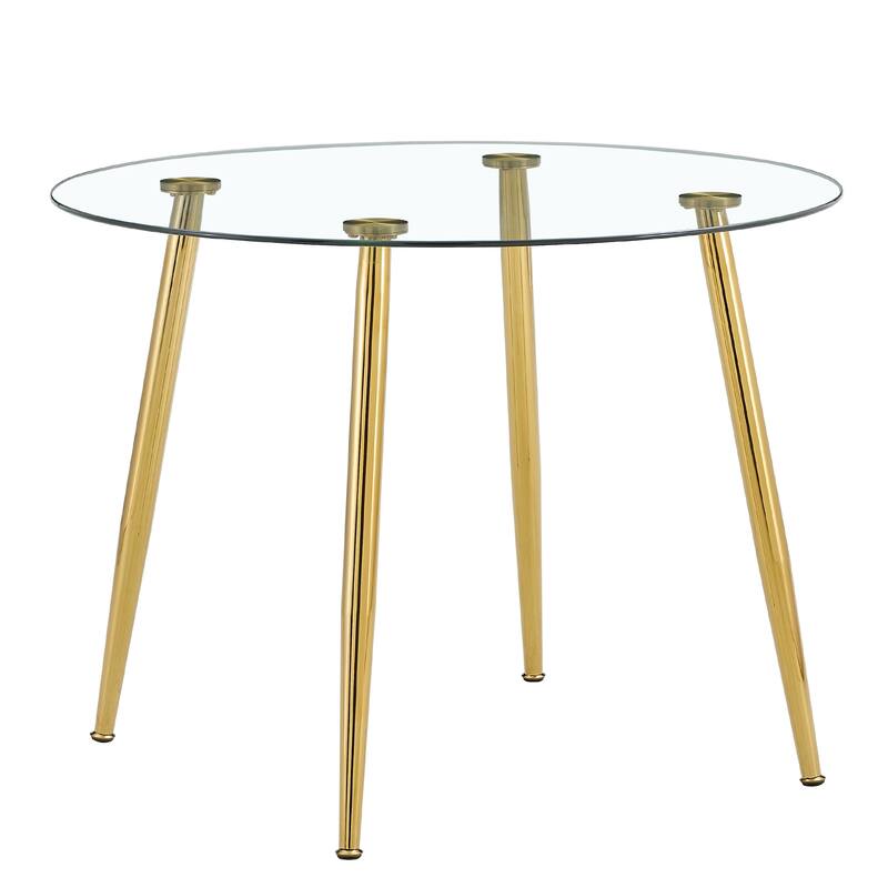 A glass tabletop with a diameter of 40 inches and a modern minimalist circular dining table with gold plated metal legs.