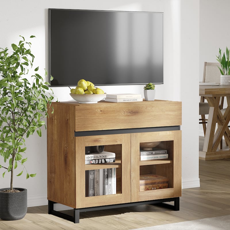 WAMPAT Modern TV Stand with Glass Doors for 110 inch TVs, Entertainment Center Console with 3 Drawers and Metal Base