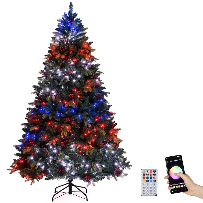 Costway 5/6/7/8 FT Artificial Christmas Tree with 250/370/500/650 RGB - Green - See Details - 7 Foot