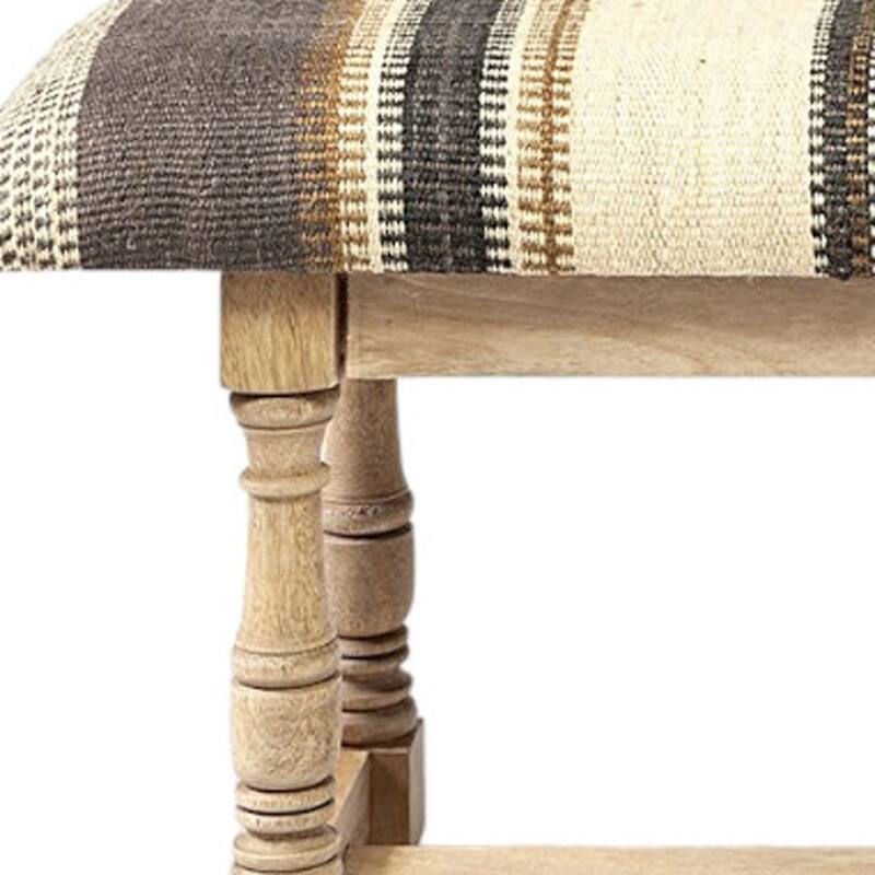 HomeRoots 59" Beige and Gray and Brown Upholstered Jute Striped Bench - 59