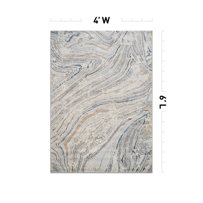 Marble Swirl Distressed Area Rug - Low-Pile Rug for Living Room, Bedroom - Polypropylene/Polyester with Jute Backing