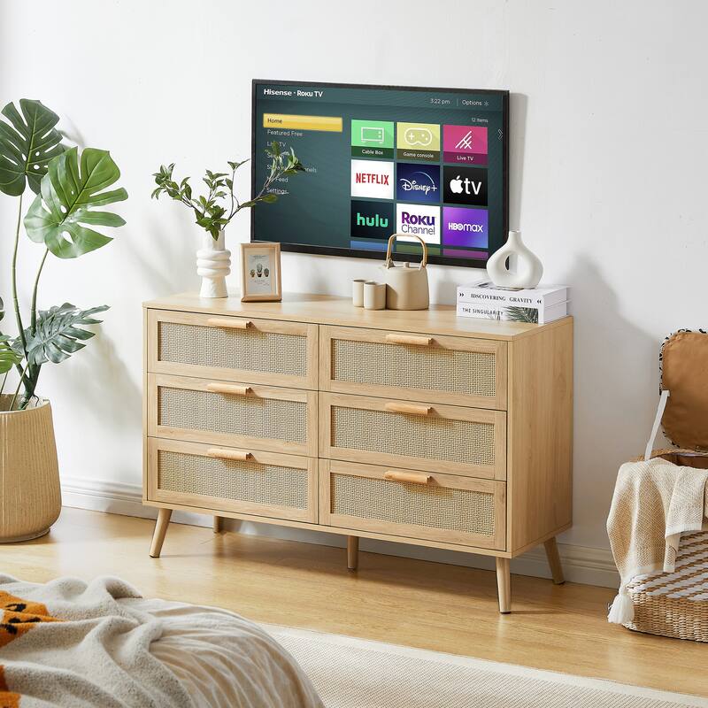 6 Drawer Double Dresser, Floor Standing Wooden Storage Cabinet, Storage Wardrobe Dresser with Gold Handles & Solid Wood Legs