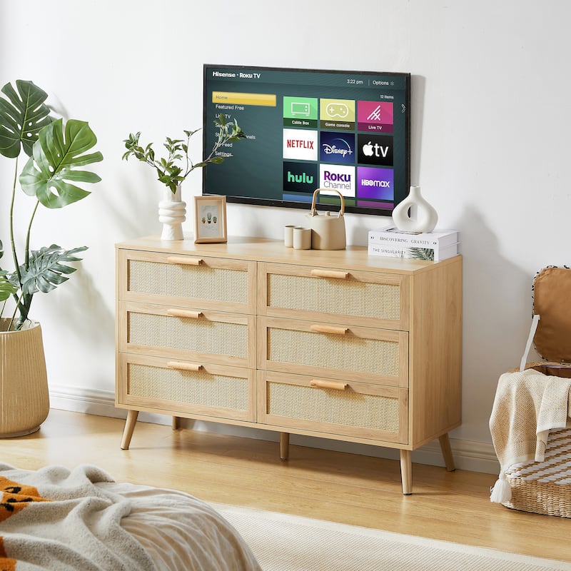 Anmytek 47.2''W Natural Rattan 6-Drawer Double Dresser