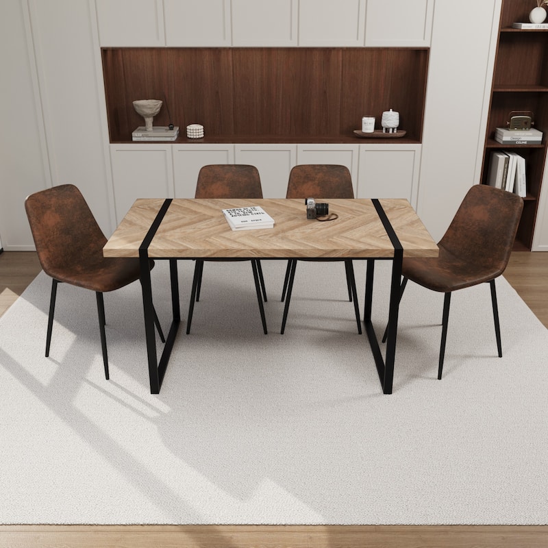 MDF light wood dining table and modern dining chair 4-piece set,medieval wooden kitchen dining table set, rectangular metal base