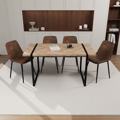 MDF light wood dining table and modern dining chair 4-piece set,medieval wooden kitchen dining table set, rectangular metal base
