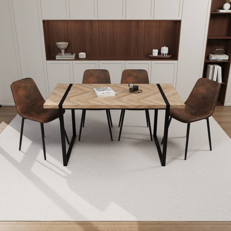 Modern Style 5-Piece Dining Set with Light Wood Rectangular Metal Base Table and 4 Square Corner Suede Dining Chairs