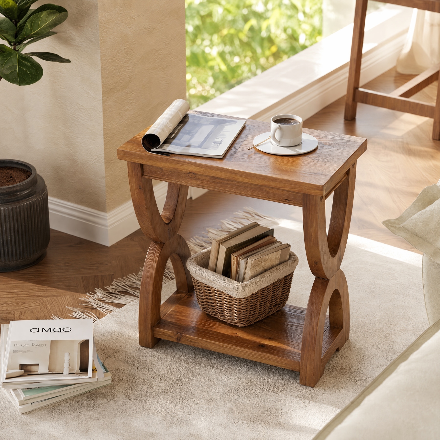 Solid Wood Side Table, 2-Tier Small End Table for Living Room with Storage, Sofa Side Bedside Table for Bedroom