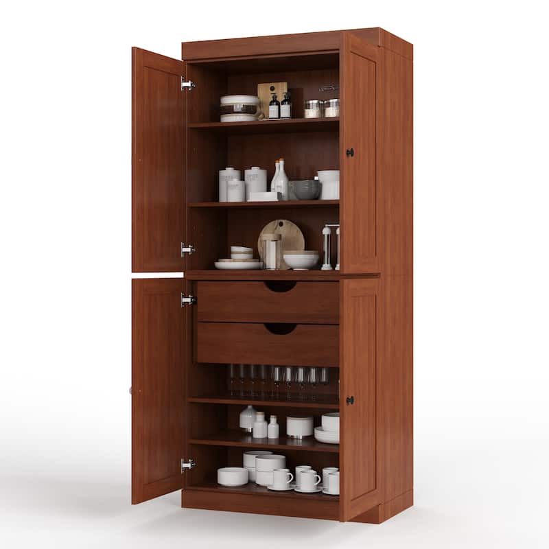 Palace Imports 100% Solid Wood 32" Pantry Cabinet with Shaker Doors, 2-Drawers and Adjustable Shelves - Mocha