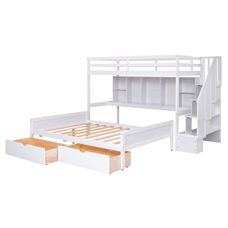 Pine Wood Twin XL over Full Bunk Bed with Builtin Desk, Bookshelves