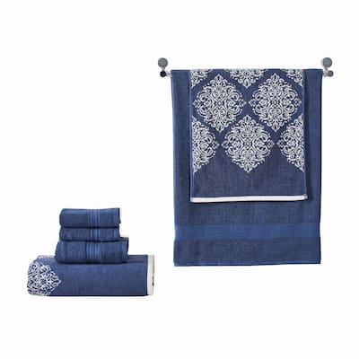 Eula Modern 6 Piece Cotton Towel Set, Stylish Damask Pattern, Deep Blue