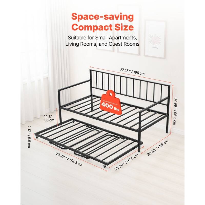 Twin Size Black LED Color Lighting Metal Daybed with Trundle USB and Type-C Ports