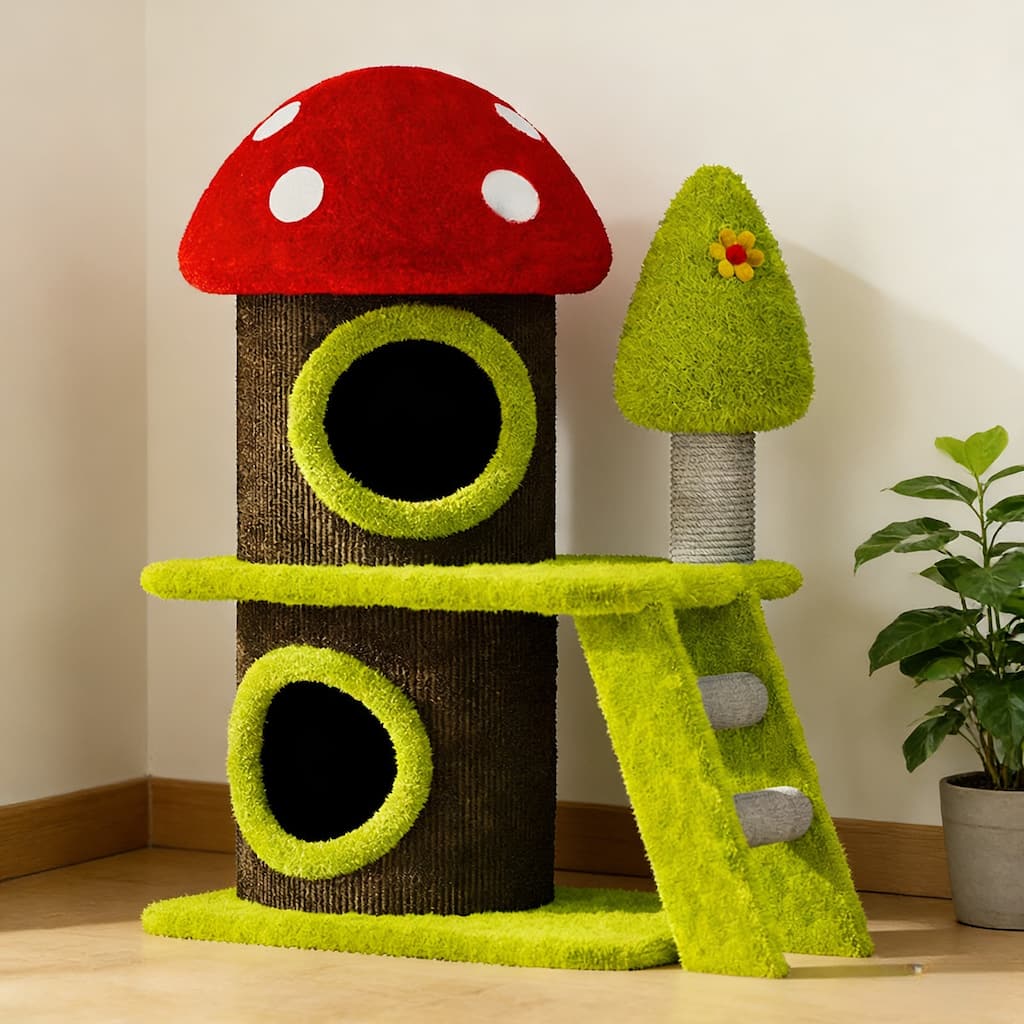 Anmytek Modern Mushroom Cat Tree Tower with Cat House and Sisal Scratching Posts for Indoor Cats and Multi Cat Households