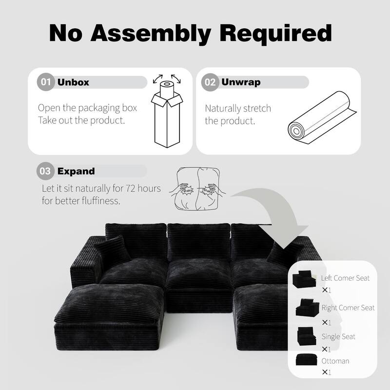 L-Shaped Cloud Sectional Sofa with Chaise Lounge, Corduroy Upholstered 3 Seater Sofa, Modular Corner Sofa with Deep Seat
