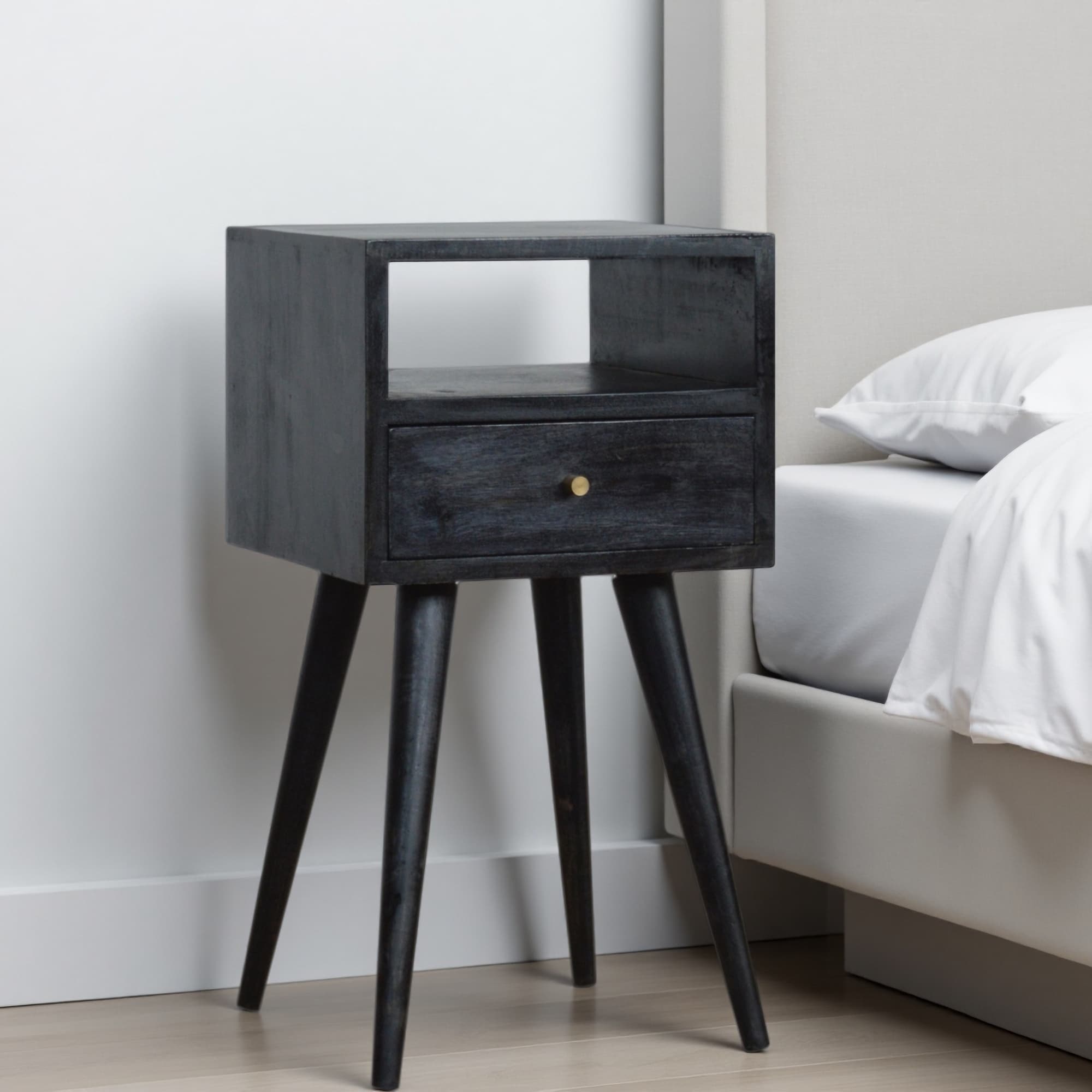 11.8"L Mini Solid Wood Nightstand, 1-Drawer Bedside Table with Open Slot, Ash Finish, Modern Clean-Line Design