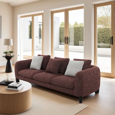 Meru Sofa w 3 Accent Pillows, Maroon Wine Red Tweed Fabric, 109 Inch