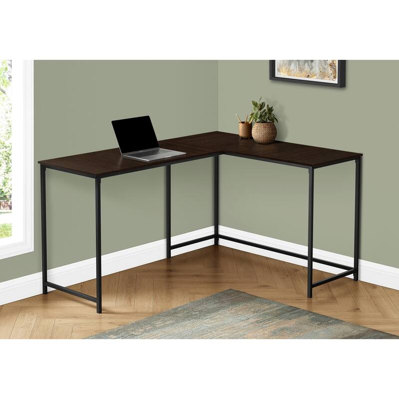 Modern 58" L-Shaped Computer Desk, Espresso Brown Laminate, Black Metal Frame, Space-Saving Design
