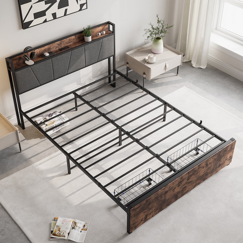 Queen Size Bed Frame, Storage Headboard with Charging Station and 2 Drawers, No Box Spring Needed