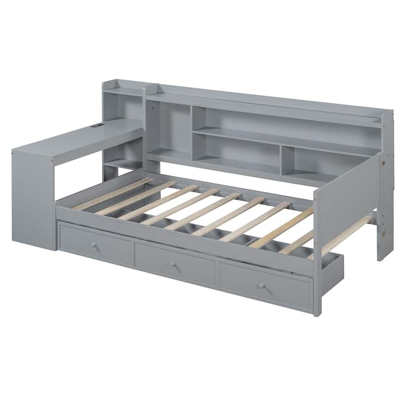 Gray Twin Size Wooden Daybed with 3 Drawers, USB Ports & Desk