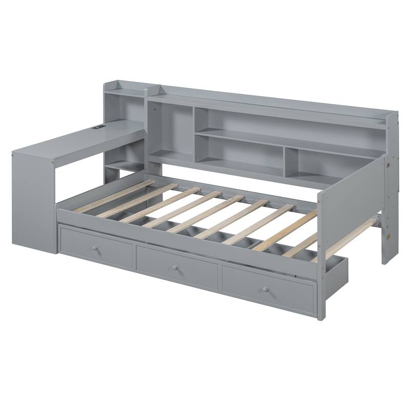 Gray Twin Size Wooden Daybed with Three Drawers, USB Ports, and Desk