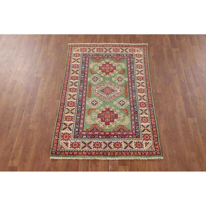 Green Geometric Kazak Foyer Rug Handmade Wool Carpet - 3'1" x 4'11"