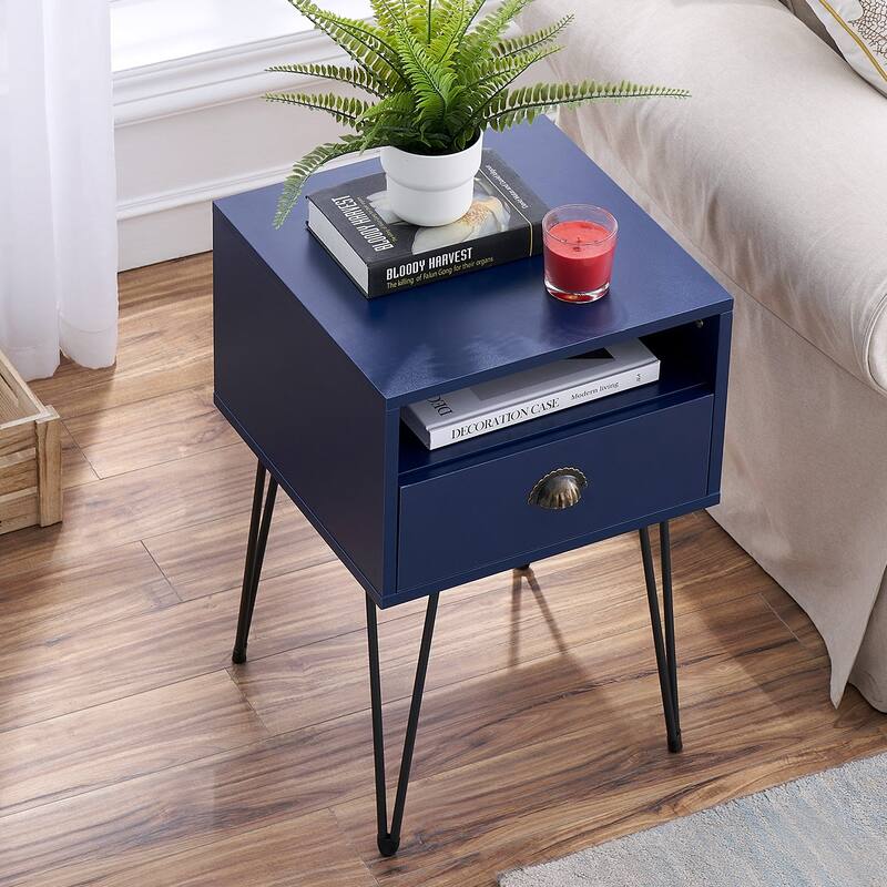 VECELO Mid Century Modern Nightstand with Drawer Open Shelf V-Shaped Metal Legs End Table for Bedroom Living Room
