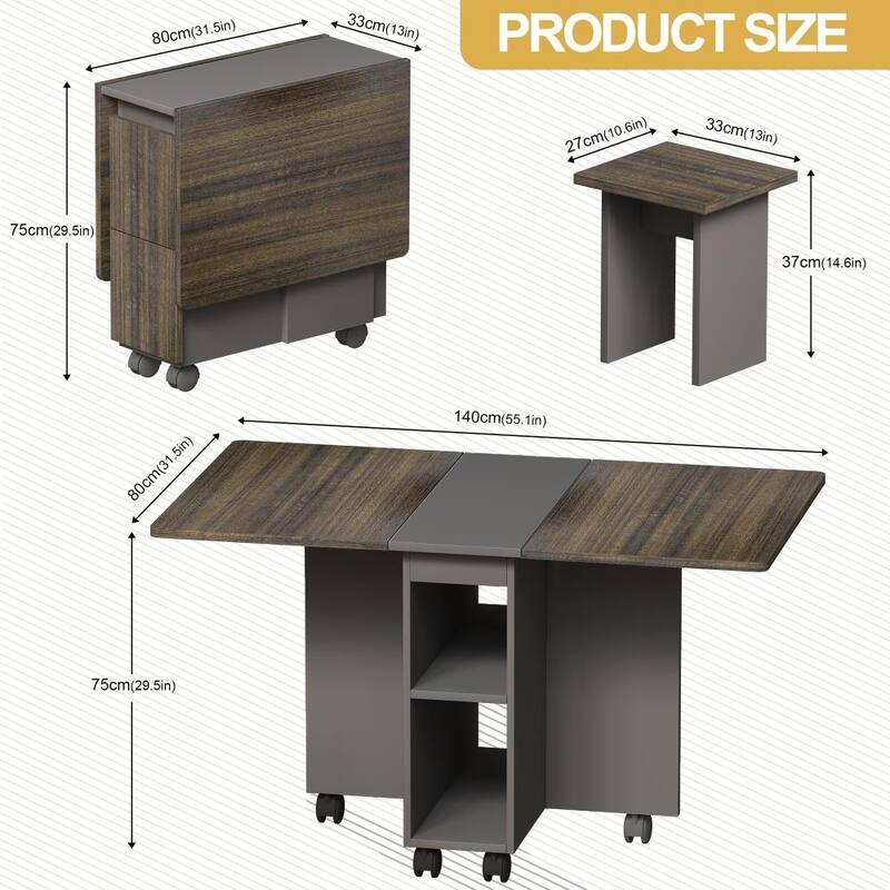 Modern 5-piece Wood Extendable Dining Set with 55'' Drop Leaf Table and 6 Wheels