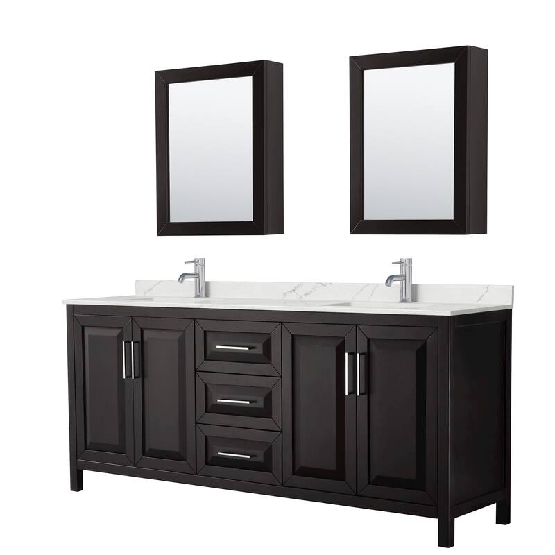 Daria 80-inch Double Vanity, Single Hole Quartz Top, Med Cabinets - Dark Espresso, Chrome Trim, Giotto Quartz Top