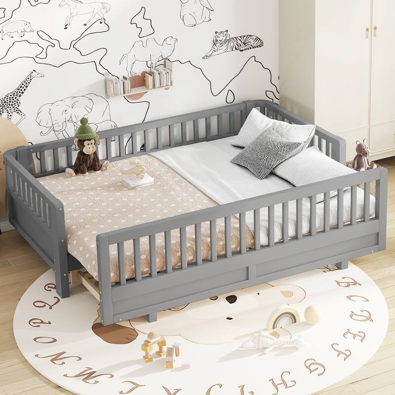 Adjustable Platform Bed Frame with Safety Guardrail for Kids, Guests - Grey - Twin XL