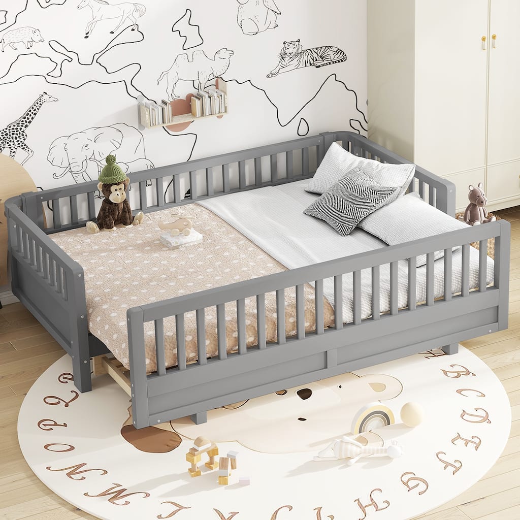 Twin XL Size Platform Bed with Guardrails, Solid Wood Twin XL Bed Frame, Can Be Converted into a Queen Platform Bed