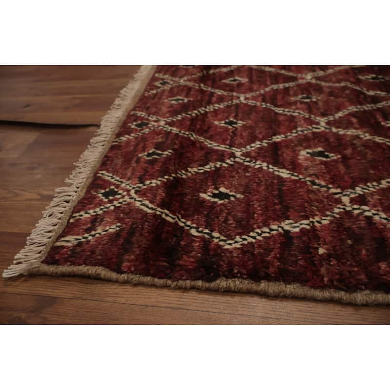 Hand Knotted Oriental 100% Wool Carpet Modern All-Over Red Moroccan Area Rug - 10' 0'' X 6' 6''