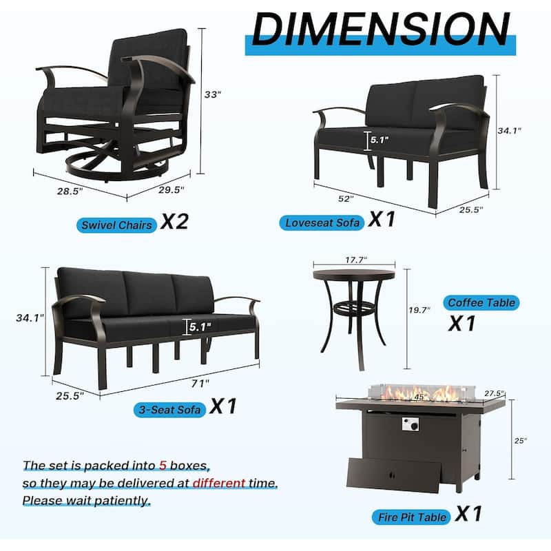 Aluminum Patio Furniture Set with FirePit Ottomans Swivel Chairs,Sectional Sofa with Thick Seat Cushions for Porch Garden