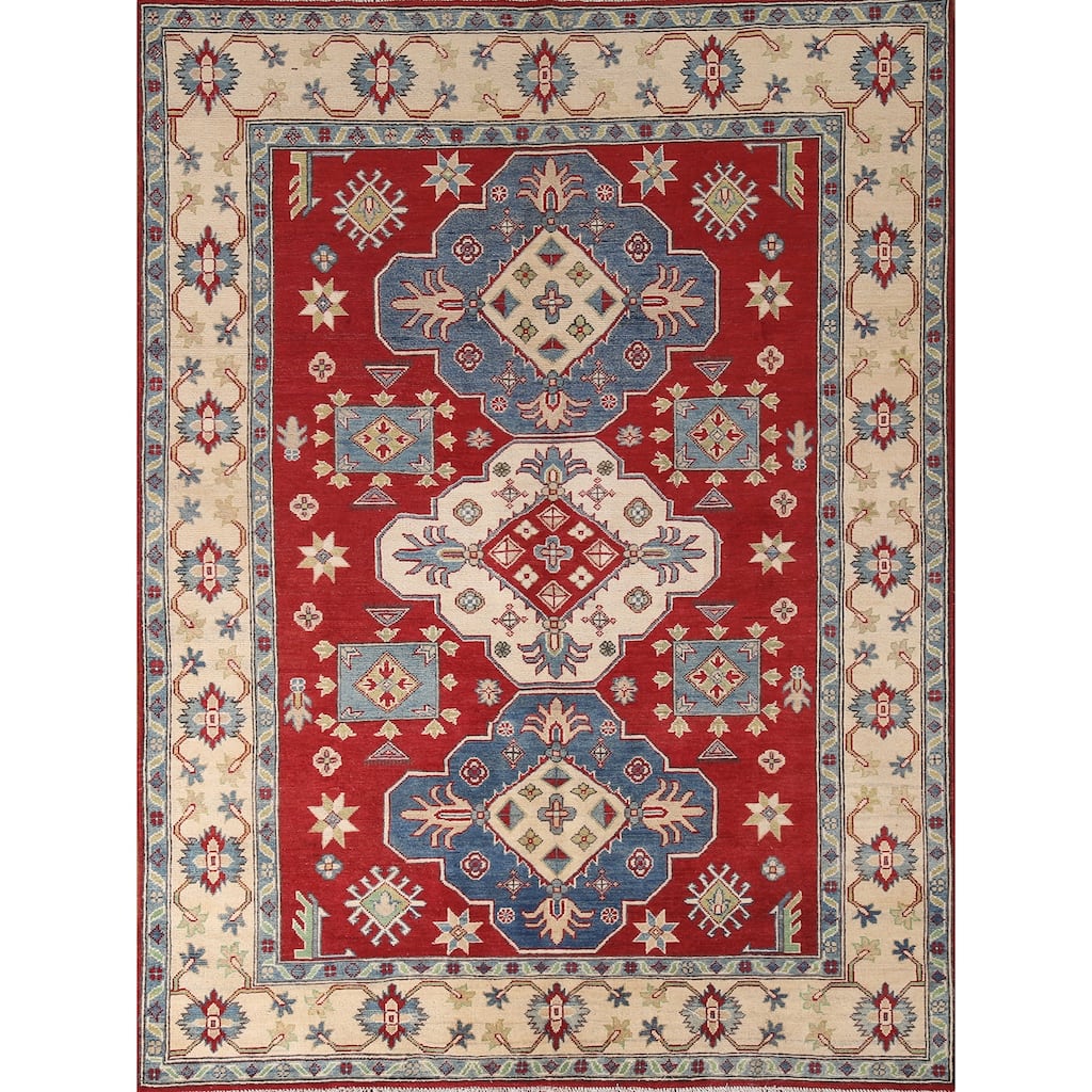 Traditional Kazak Area Rug Hand-Knotted Red Wool Carpet - 5'8" x 7'9"