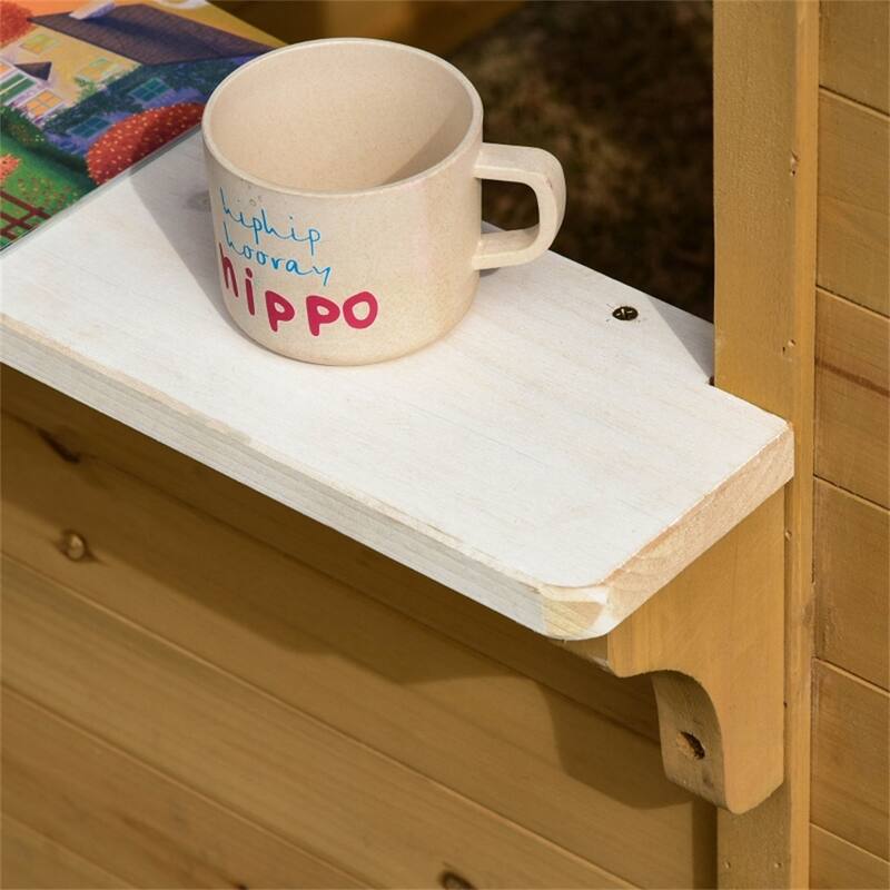 Natural and White Wooden Kids Outdoor Playhouse with Fence Mailbox Flowerpot Holders and Bench for Ages 3 to 8