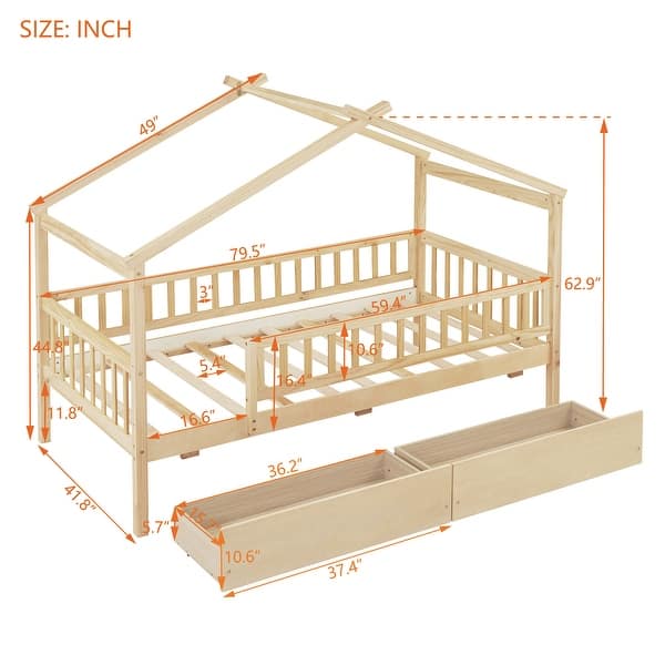 dimension image slide 0 of 4, Wooden Twin Size House Bed with Roof, Guardrail and Drawers