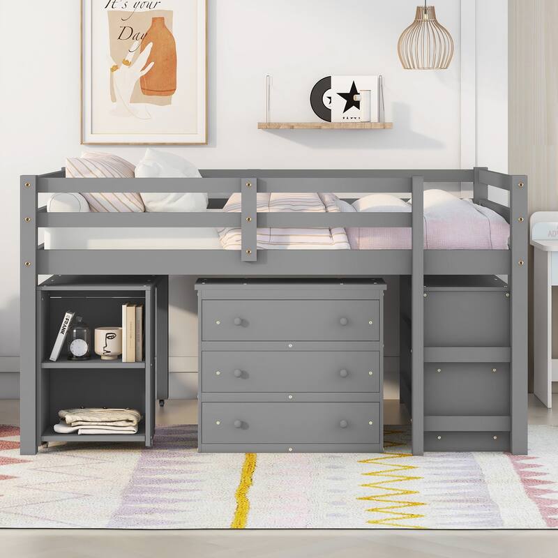 Multifunctional Full Loft Bed with Cabinet, Shelves, and Rolling Desk in Gray