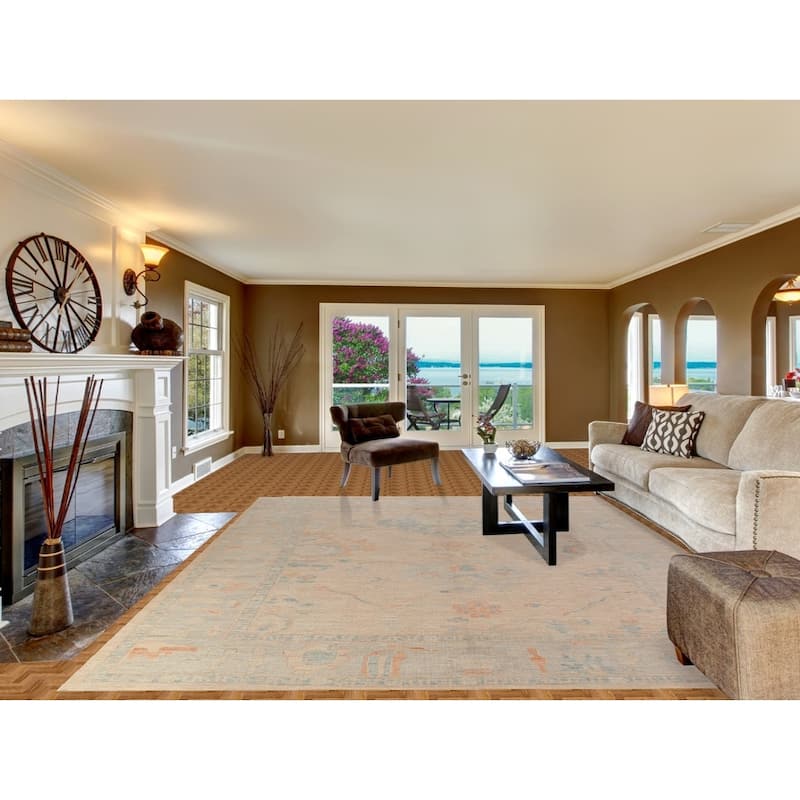 Hand Knotted Oriental 100% Wool Carpet Transitional All-Over Peach Oushak Area Rug - 12' 2'' X 9' 5''