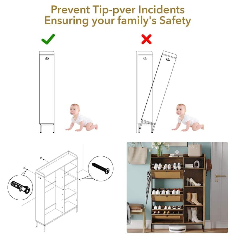 3-Tier Shoe Storage Cabinet with Rattan Doors and Adjustable Compartments